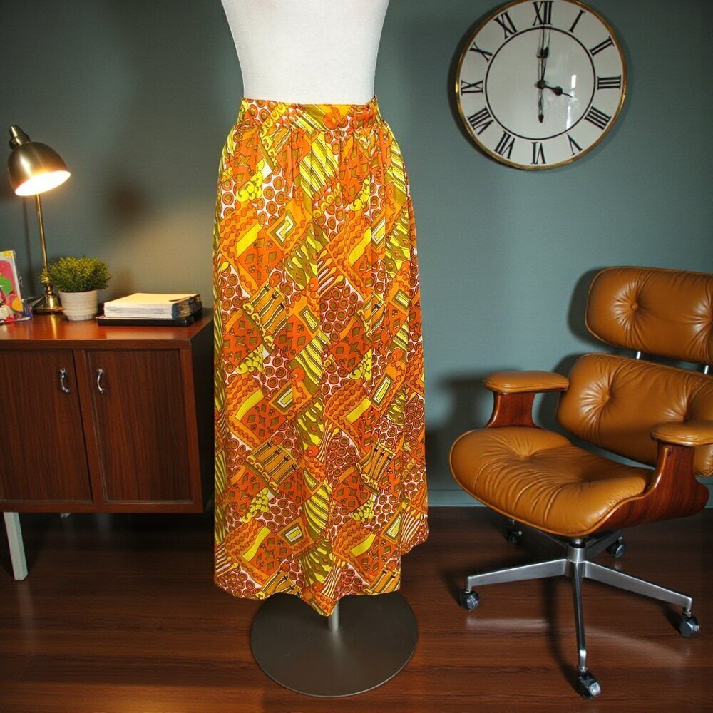 Vintage 60s 70s Pop Art Orange Yellow Geometric Nylon Maxi Skirt